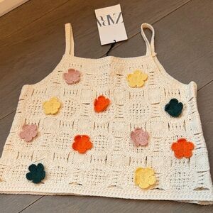 Zara Girls Boho Crochet Knit Sleeveless Tank Top Floral, Size 9-10, Tan